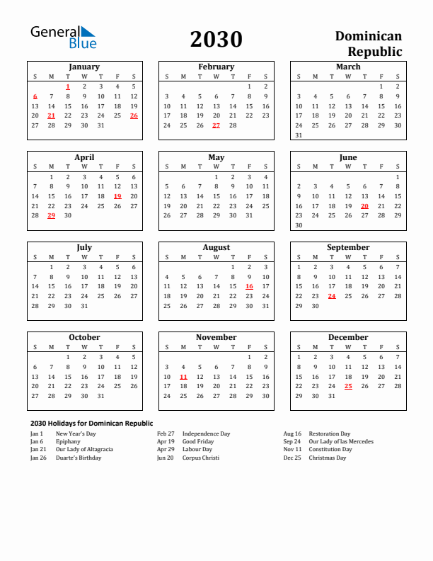 2030 Dominican Republic Holiday Calendar - Sunday Start