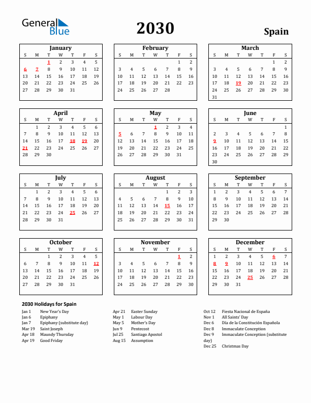 2030 Spain Holiday Calendar - Sunday Start
