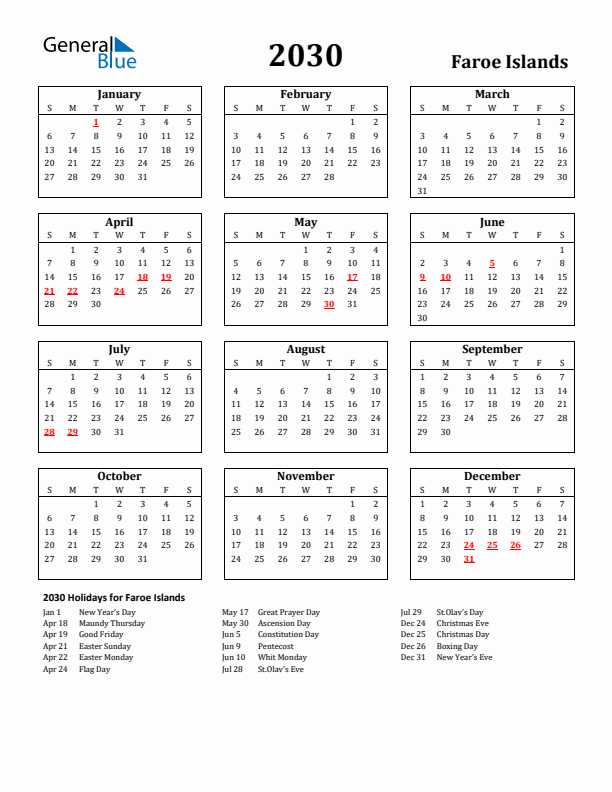 2030 Faroe Islands Holiday Calendar - Sunday Start