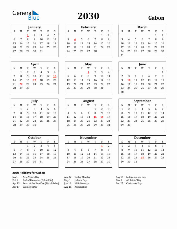 2030 Gabon Holiday Calendar - Sunday Start