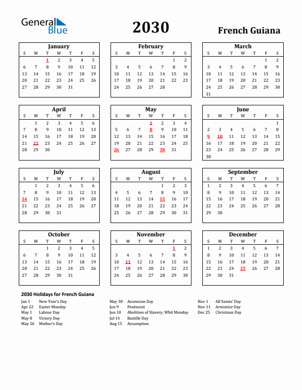 2030 French Guiana Holiday Calendar - Sunday Start