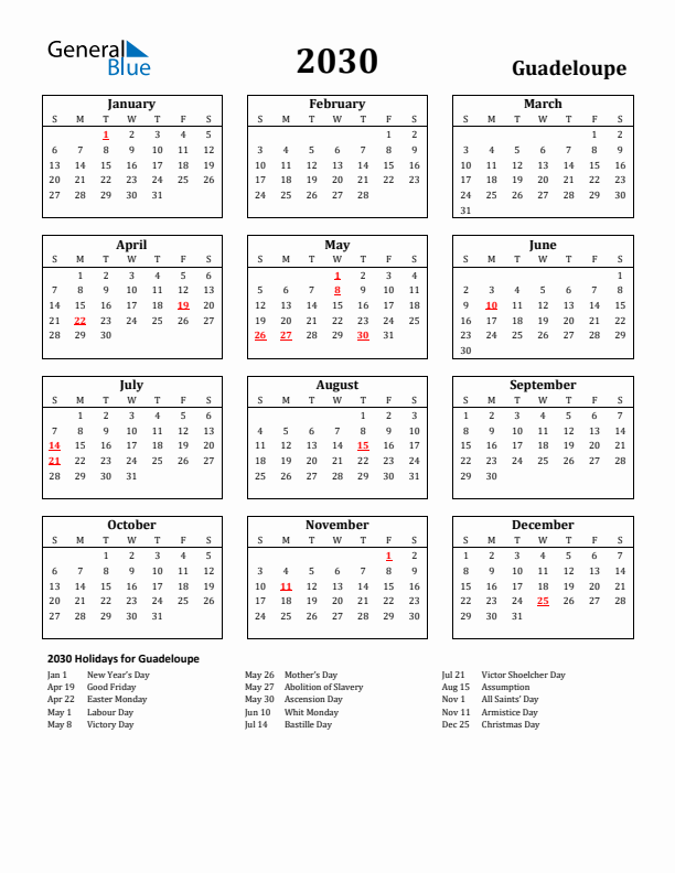 2030 Guadeloupe Holiday Calendar - Sunday Start
