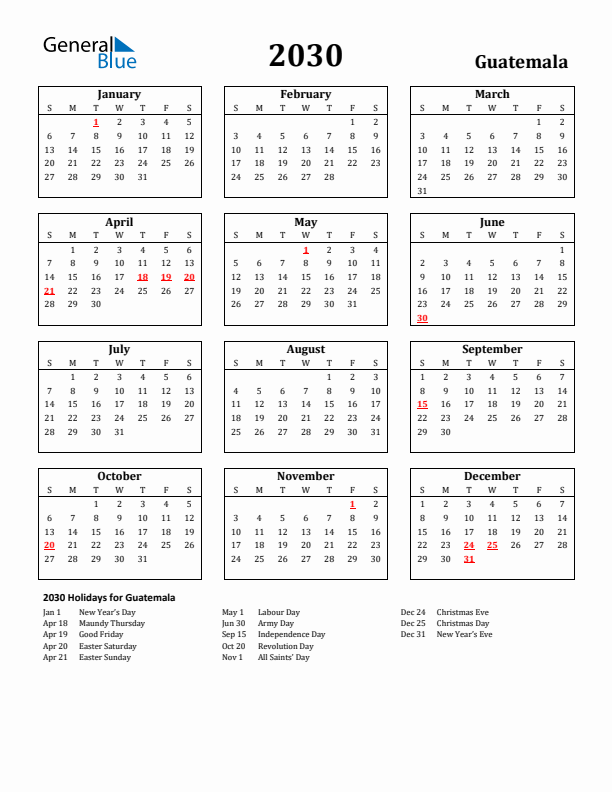 2030 Guatemala Holiday Calendar - Sunday Start