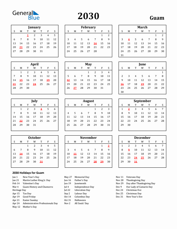 2030 Guam Holiday Calendar - Sunday Start