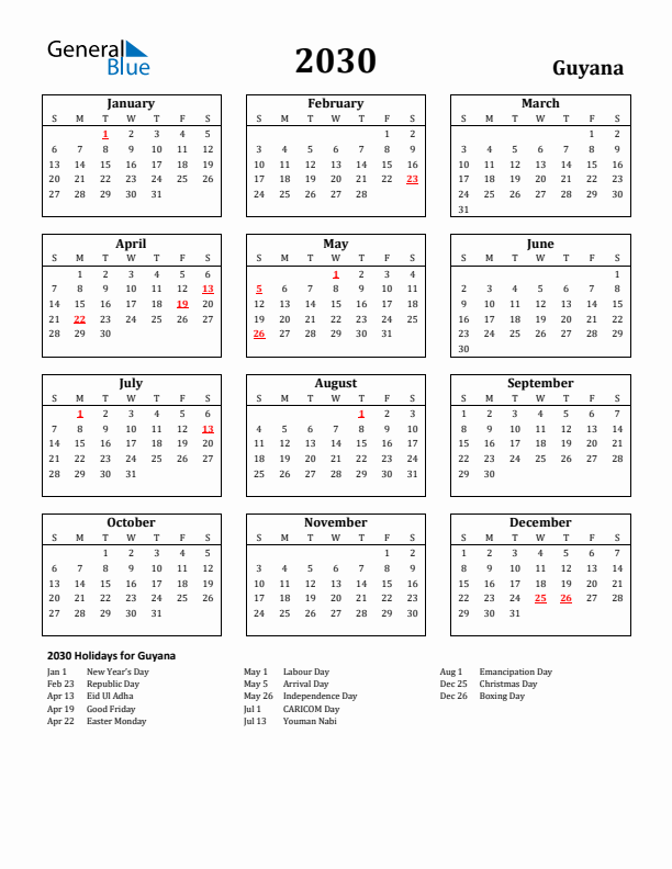 2030 Guyana Holiday Calendar - Sunday Start