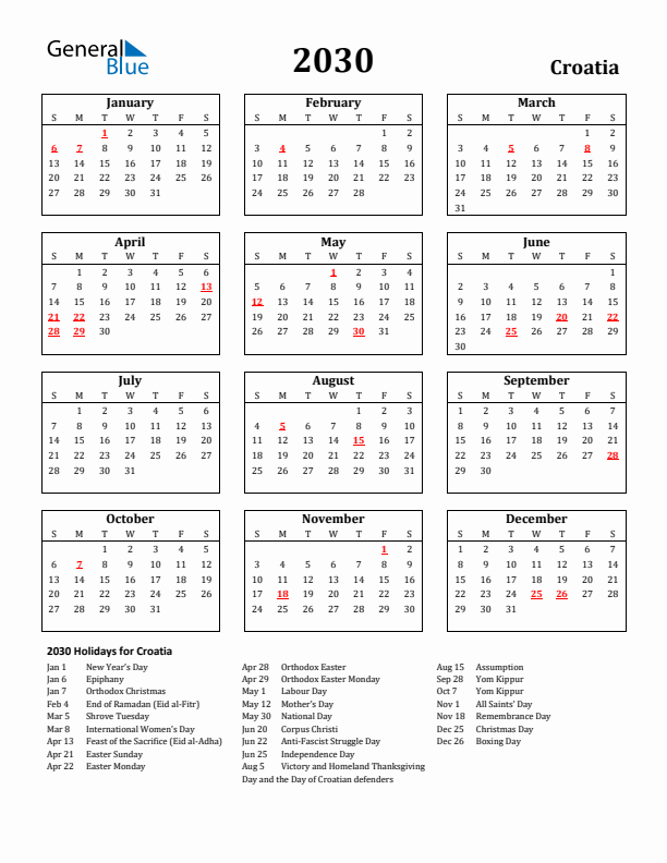 2030 Croatia Holiday Calendar - Sunday Start