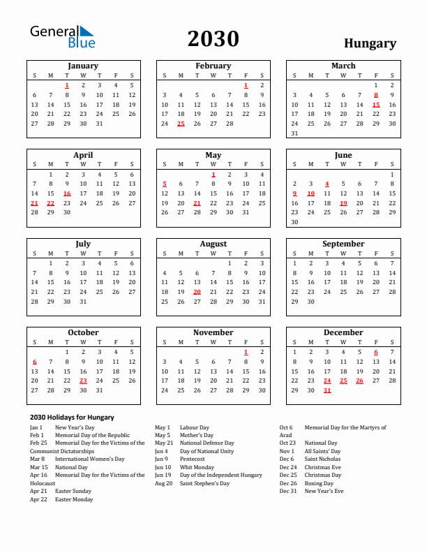 2030 Hungary Holiday Calendar - Sunday Start