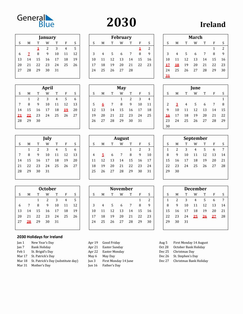 Free Printable 2030 Ireland Holiday Calendar