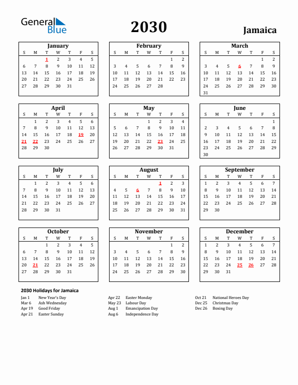 2030 Jamaica Holiday Calendar - Sunday Start