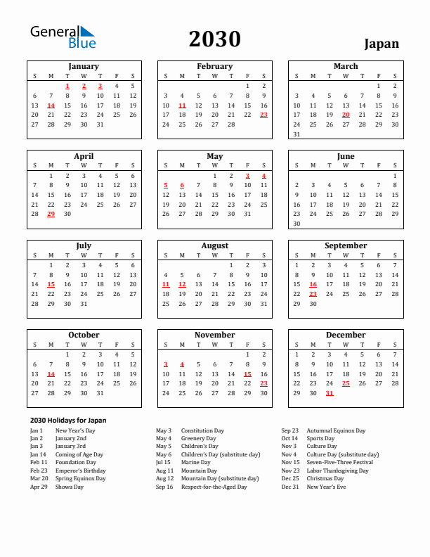 2030 Japan Holiday Calendar - Sunday Start