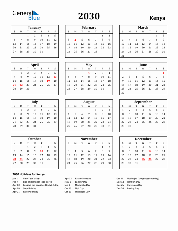 2030 Kenya Holiday Calendar - Sunday Start