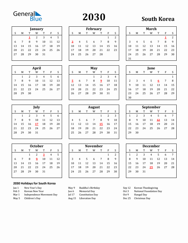 2030 South Korea Holiday Calendar - Sunday Start