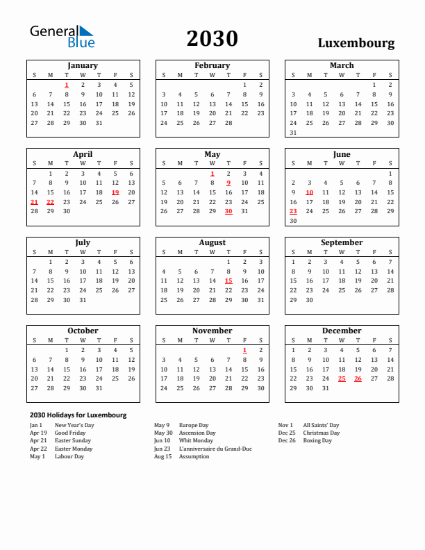 2030 Luxembourg Holiday Calendar - Sunday Start