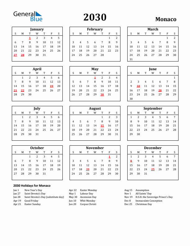 2030 Monaco Holiday Calendar - Sunday Start