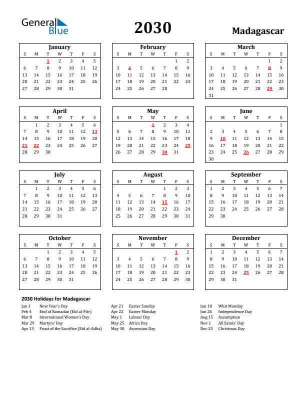 2030 Madagascar Holiday Calendar - Sunday Start