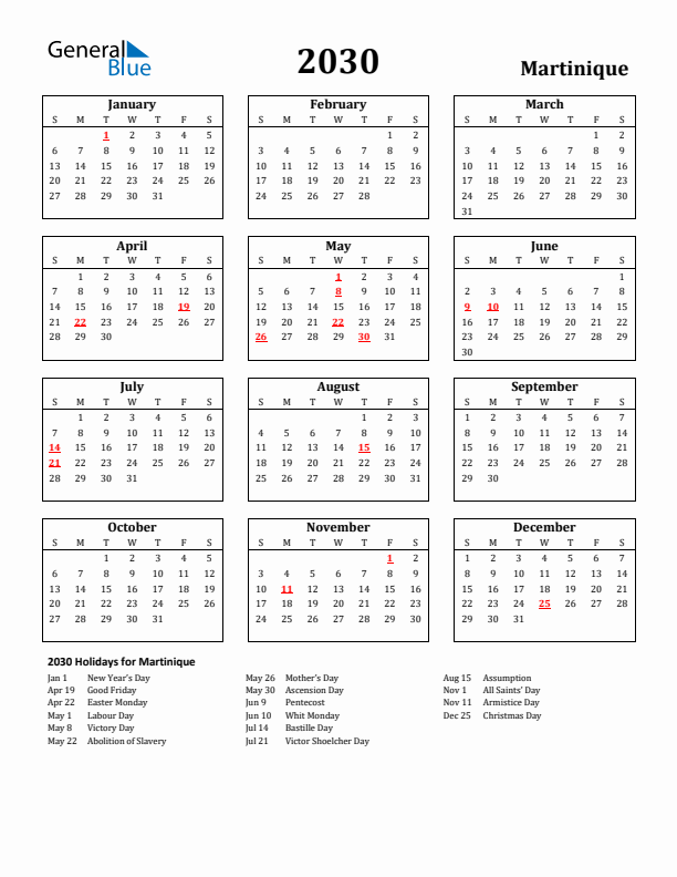 2030 Martinique Holiday Calendar - Sunday Start