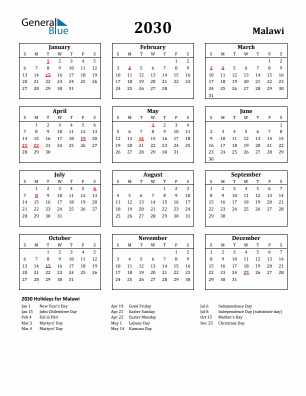 2030 Malawi Holiday Calendar - Sunday Start