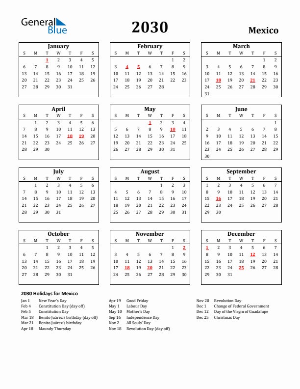 2030 Mexico Holiday Calendar - Sunday Start