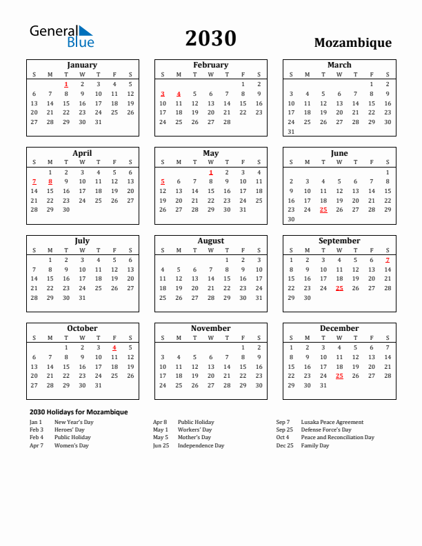 2030 Mozambique Holiday Calendar - Sunday Start