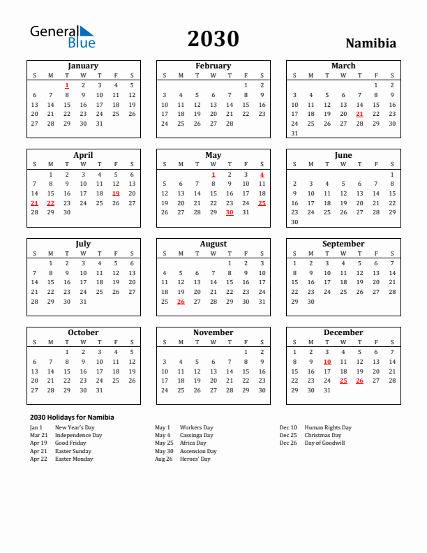 2030 Namibia Holiday Calendar - Sunday Start