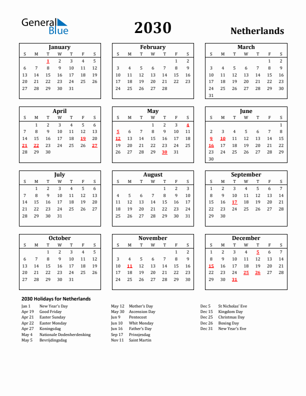 2030 The Netherlands Holiday Calendar - Sunday Start