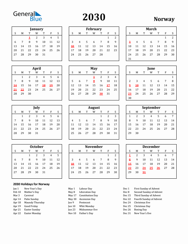 2030 Norway Holiday Calendar - Sunday Start