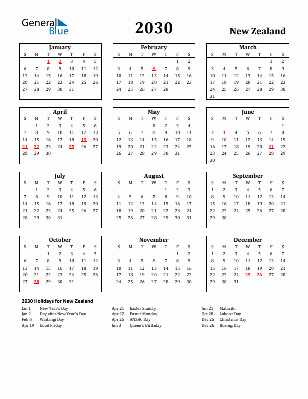 2030 New Zealand Holiday Calendar - Sunday Start