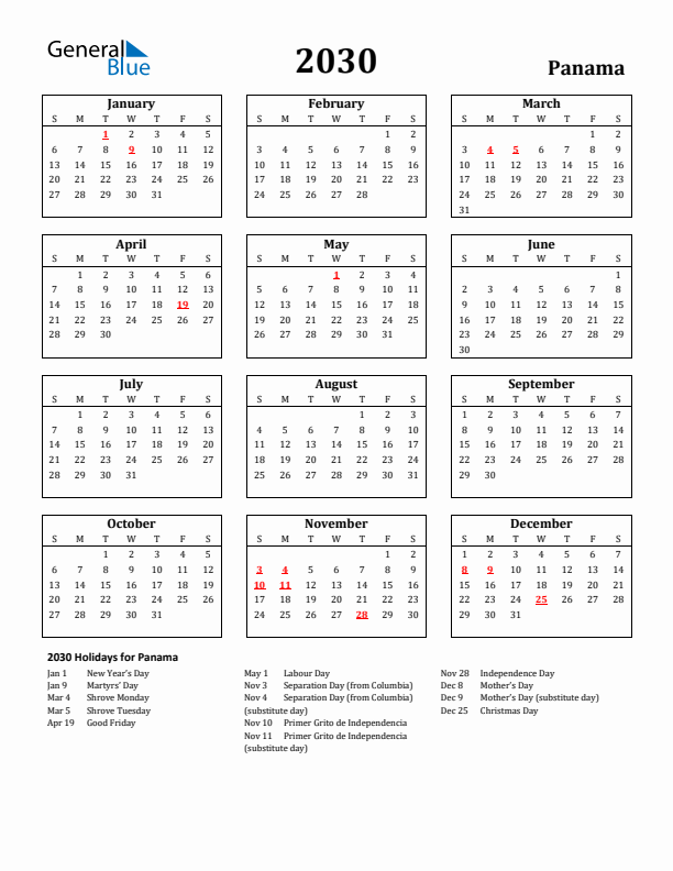2030 Panama Holiday Calendar - Sunday Start
