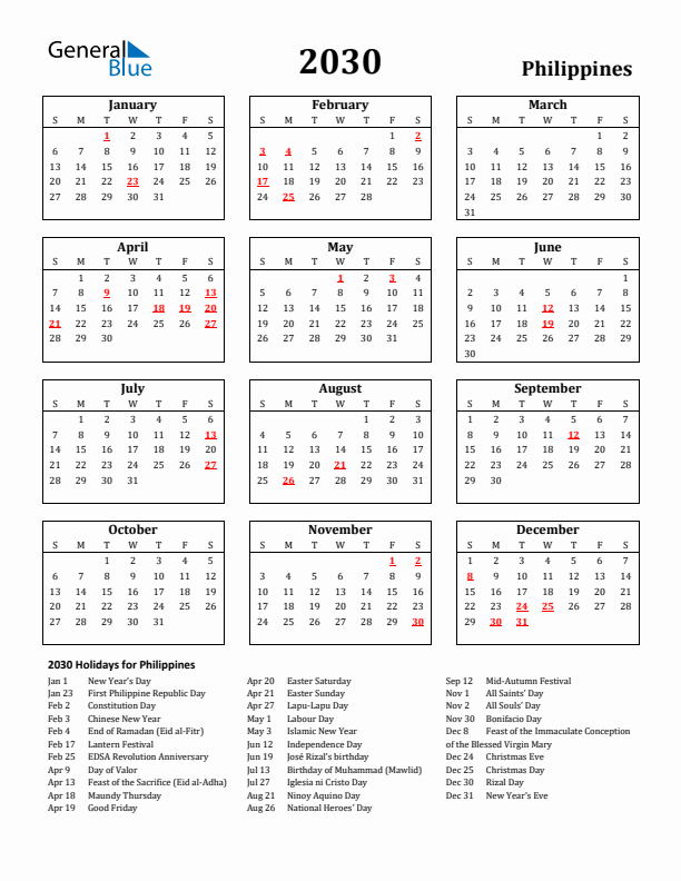 2030 Philippines Holiday Calendar - Sunday Start