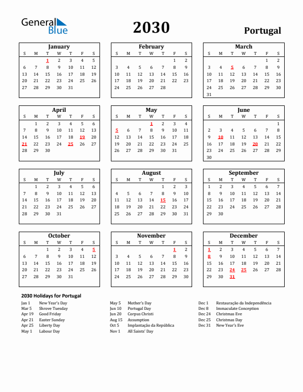 2030 Portugal Holiday Calendar - Sunday Start