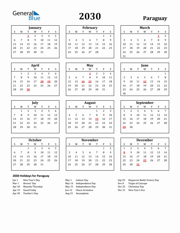 2030 Paraguay Holiday Calendar - Sunday Start