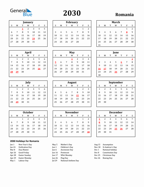 2030 Romania Holiday Calendar - Sunday Start