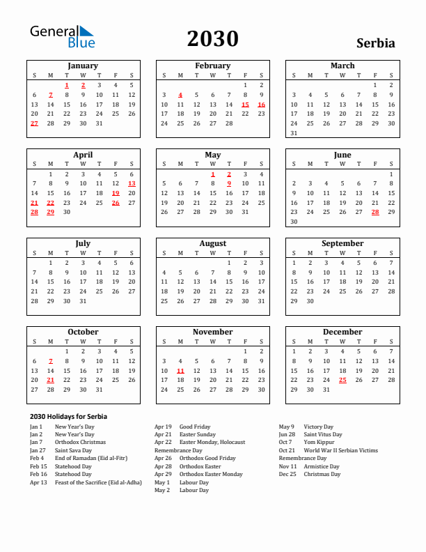 2030 Serbia Holiday Calendar - Sunday Start