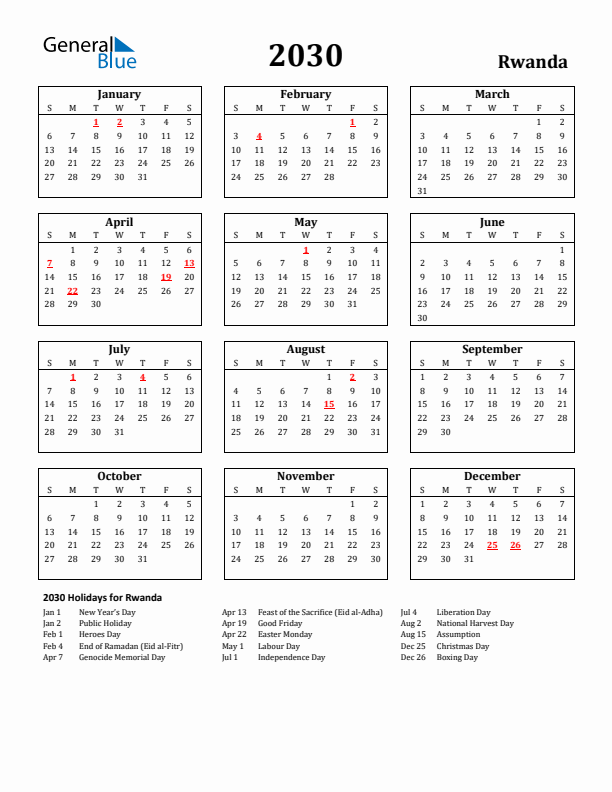 2030 Rwanda Holiday Calendar - Sunday Start