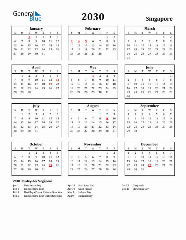 2030 Singapore Holiday Calendar - Sunday Start