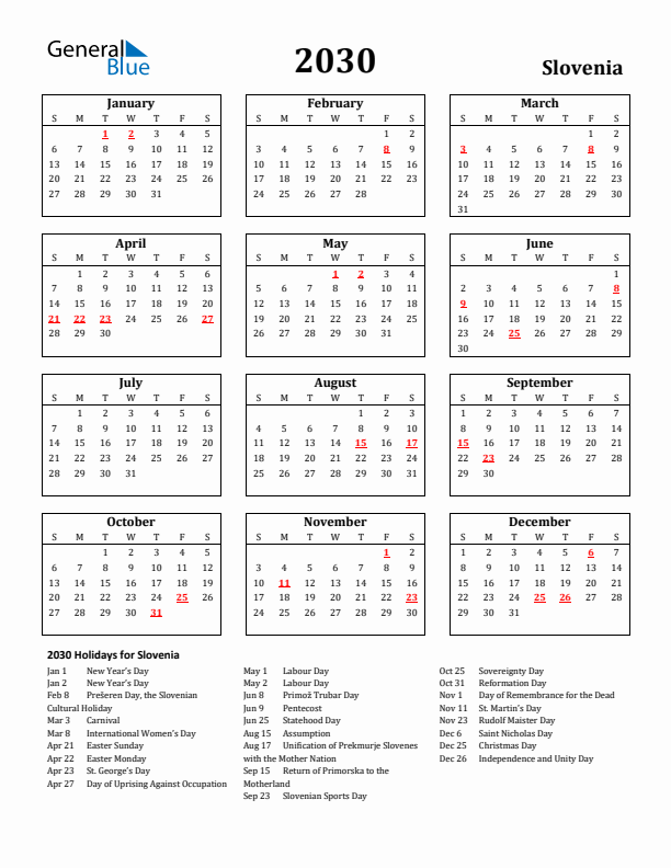 2030 Slovenia Holiday Calendar - Sunday Start