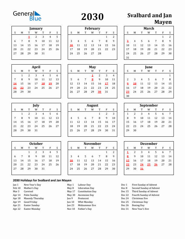 2030 Svalbard and Jan Mayen Holiday Calendar - Sunday Start
