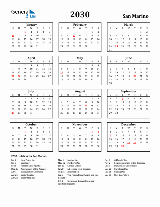 2030 San Marino Holiday Calendar - Sunday Start