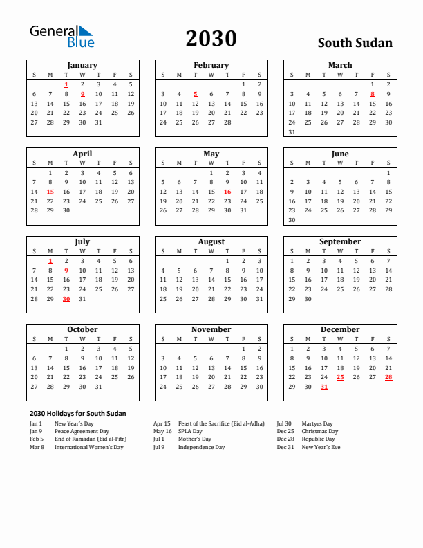 2030 South Sudan Holiday Calendar - Sunday Start