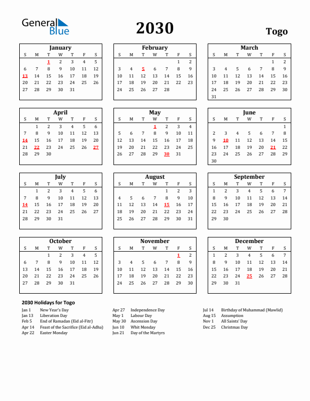 2030 Togo Holiday Calendar - Sunday Start