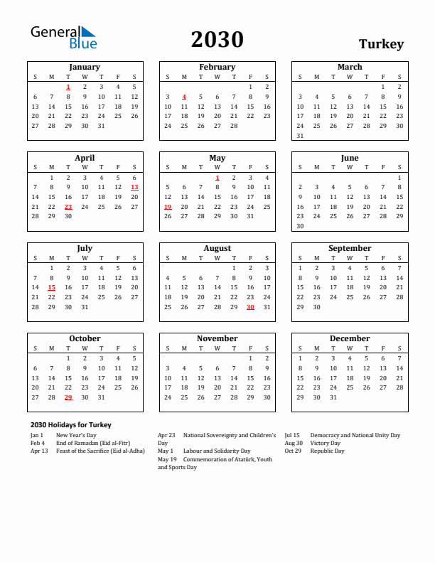 2030 Turkey Holiday Calendar - Sunday Start