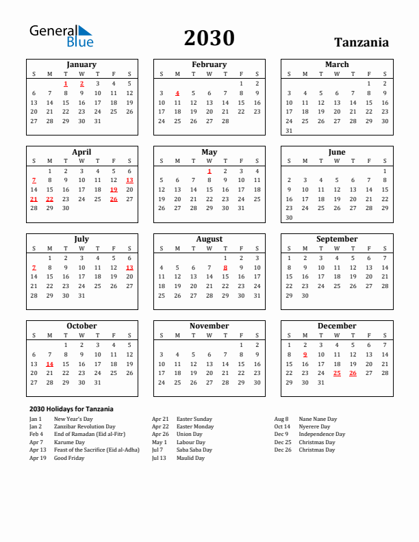 2030 Tanzania Holiday Calendar - Sunday Start