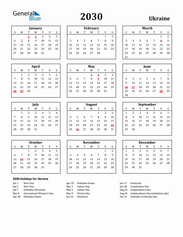 2030 Ukraine Holiday Calendar - Sunday Start