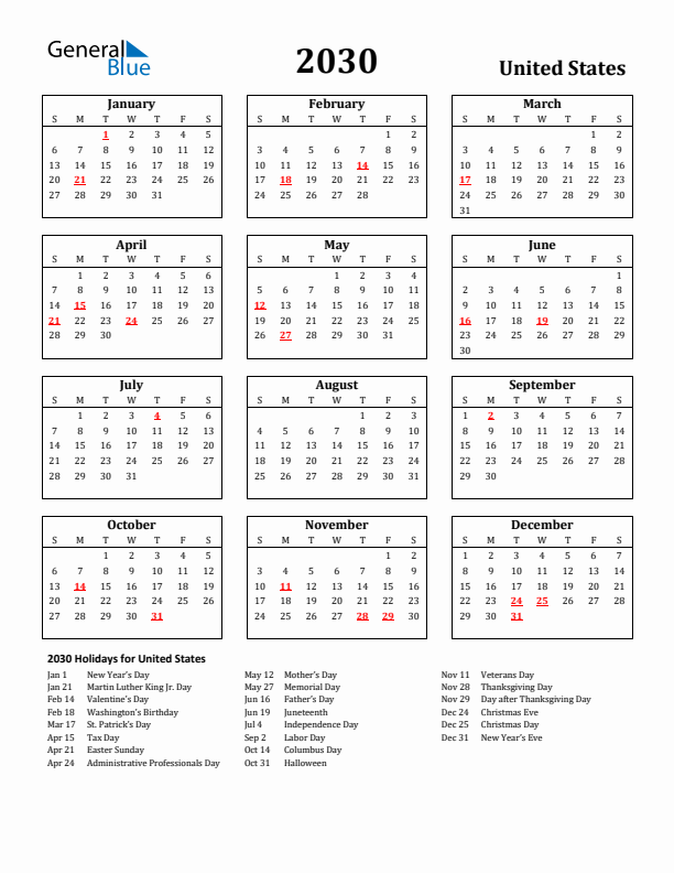 2030 United States Holiday Calendar - Sunday Start