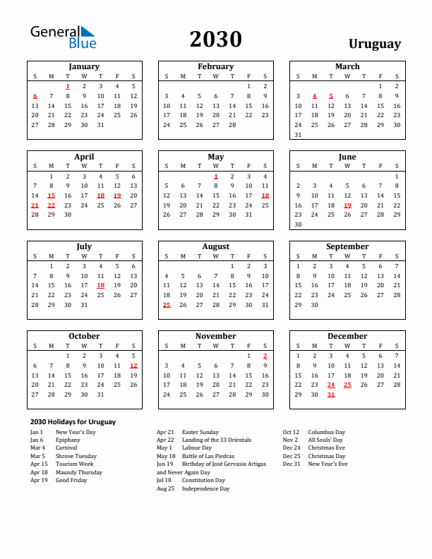 2030 Uruguay Holiday Calendar - Sunday Start