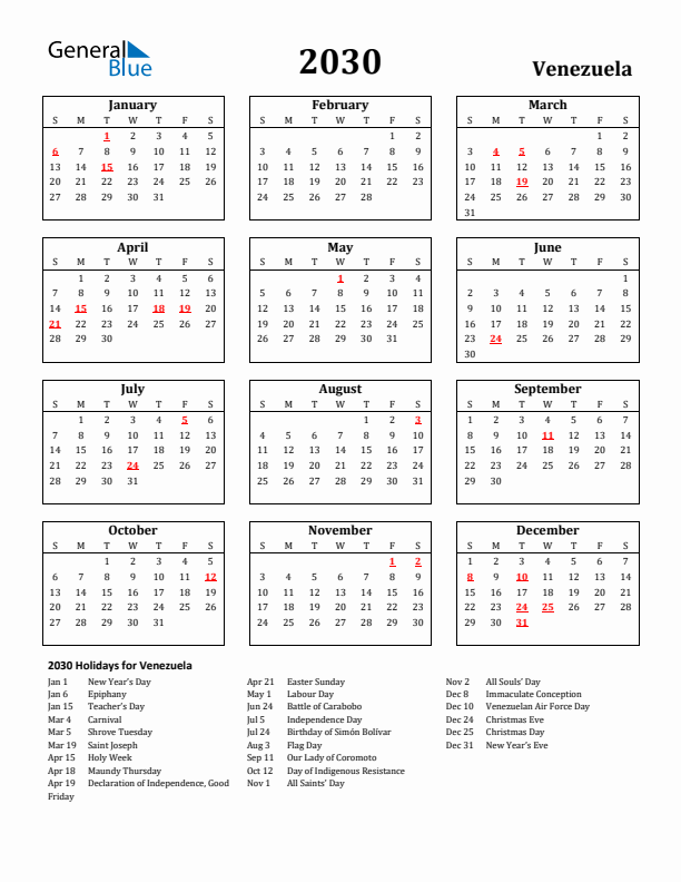 2030 Venezuela Holiday Calendar - Sunday Start