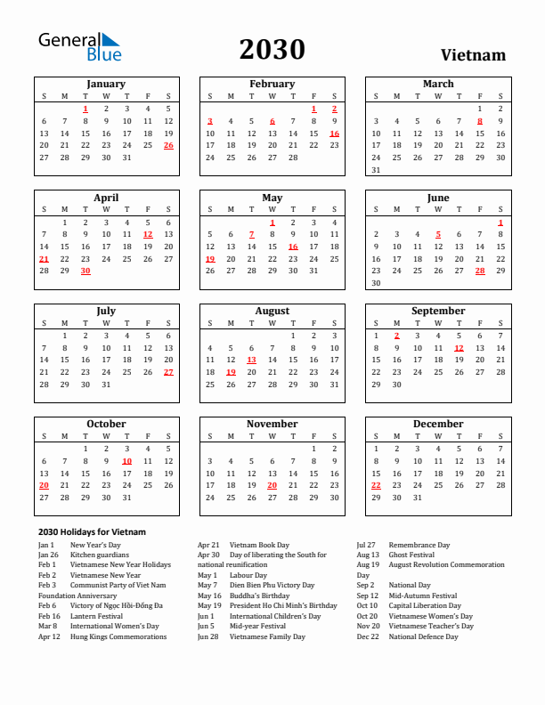2030 Vietnam Holiday Calendar - Sunday Start