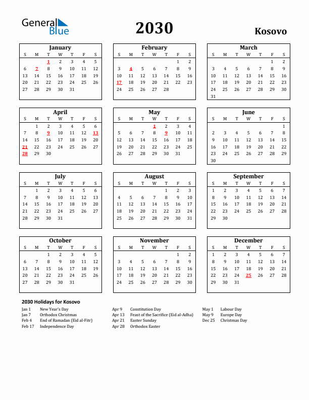 2030 Kosovo Holiday Calendar - Sunday Start