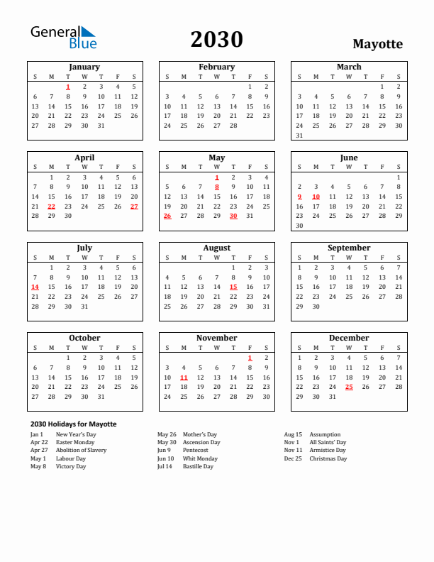 2030 Mayotte Holiday Calendar - Sunday Start