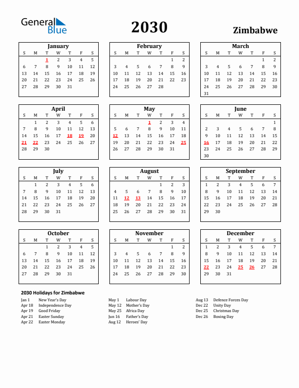 2030 Zimbabwe Holiday Calendar - Sunday Start